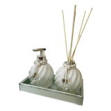 Kit Lavabo Banheiro Branco Prata Sabonete Difusor Bandeja