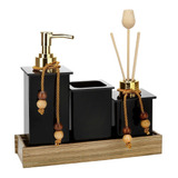 Kit Lavabo Banheiro Saboneteira Acrílico Preto Madeira