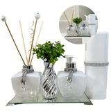 Kit Lavabo Branco Prata 6 Peças Sabonete Bandeja Aromas