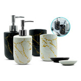 Kit Lavabo Cerâmica 3 Pçs Marmorizado Banheiro Bandeja 2 Cor