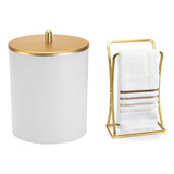 Kit Lavabo Lixeira Dourada Porta Toalha De Rosto Luxo Arthi