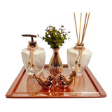 Kit Lavabo Luxo Rose Gold Branco 5 Peças Aromatizador Sabonete Bandeja Vasinho Enfeite