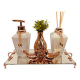 Kit Lavabo Luxo Rose Gold Branco 6 Peças Casa Aroma Refis