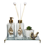 Kit Lavabo Premium 2 Frascos Bandeja Luxo Vasinho Passarinho