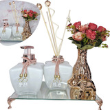 Kit Lavabo Rose Gold Difusor Saboneteira Bandeja Enfeite Lux