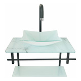 Kit Lavatório De Vidro 48cm Marmorizado Branco