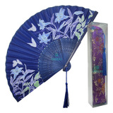 Kit Leque De Mão 21cm Bambu Azul Lírios Capinha Oriental Cor Capinha Roxo