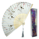 Kit Leque De Mão 21cm Bambu Branco Tsuru Capinha Oriental Cor Capinha Roxo