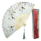 Kit Leque De Mão 21cm Bambu Branco Tsuru Capinha Oriental Cor Capinha Vermelha