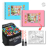 Kit Livro De Colorir Bobbie Goods Canetas Marcador Ponta Dupla 60 Cores Capa Dura 50 Páginas A5 180g Desenhos Detalhados Para Relaxar E Desestressar Pronta Entrega Full
