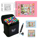 Kit Livro De Colorir Bobbie Goods Com Conjunto De Canetas Marcador Permanente Ponta Dupla 36 Cores Capa Dura 50 Páginas 180g A5