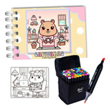Kit Livro De Colorir Capivara Fofa Com Conjunto De Canetas Marcador Permanente Ponta Dupla 36 Cores Capa Dura 50 Páginas 180g A5