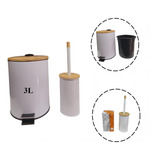Kit Lixeira C Tampa Bambu Inox 3l Pedal Escova Sanitária