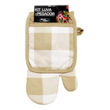 Kit Luva E Pegador Estampado Xadrez Bege Jolitex