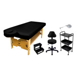 Kit Maca Fixa Escada Mocho Comfort Carrinho Auxiliar Lupa Para Massagem Estetica Cor Preto