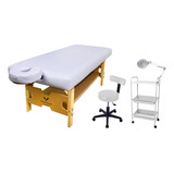 Kit Maca Mesa Fixa Para Massagem Estetica Mocho Slim Carrinho Auxiliar Lupa Articulada Cor Branco Salus