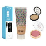 Kit Make base Bege Natural Pó Cor1 Blush Ruby Rímel 