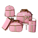 Kit Mala Maternidade Bolsa 5 Safari Porta Mamadeira Cor Rosa Desenho Do Tecido Laço