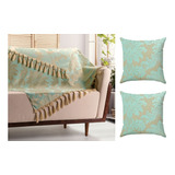 Kit Manta Gigante Sofá 3 00m 2 Capas Almofada Sala Luxuosa Cor Tiffany E Dourado