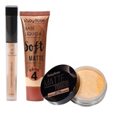 Kit Maquiagem Pele Pó Solto Base Ruby Rose 4 Corretivo