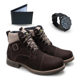 Kit Masculino Casual Coturno Couro Carteira Relógio
