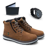 Kit Masculino Casual Coturno Couro Relógio Carteira Slim