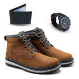 Kit Masculino Coturno Casual Couro Carteira Slim Relógio
