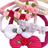 Kit Maternidade 5 Laços Rosa E Branco Delicado Enxoval Bebê