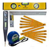 Kit Medição Nível Chave Esquadro 10 Trena 5m Metro Sueco 2m