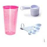 Kit Medida Copo Com Tampa Rosa Xicara Colher desc