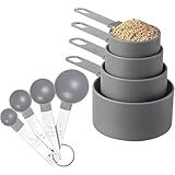 Kit Medidor Culinário Colher Alça Em Aço Inox Dosador Xícara Copo De Plástico Colheres Conjunto De Medidores De Cozinha 8 Peças Cinza RochasBtq