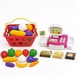 Kit Mercadinho Infantil Com Caixa Registradora Rosa- Cestinha Com 12 Frutas E Legumes- Brinquedo Educativo