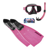 Kit Mergulho Completo Máscara Snorkel Nadadeira Pé De Pato Seasub Vidros Temperados Intercambiáveis Cor Rosa 33 35