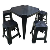 Kit Mesa De Plástico Preto Monobloco E 4 Banquetas Multiuso