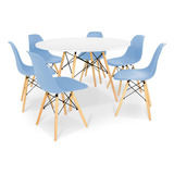 Kit Mesa Jantar Eiffel 120cm Branca +6 Cadeiras Eames Eiffel Cor Azul-claro