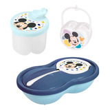 Kit Mickey 3pc Pote Papinha 2div porta Leite Em Pó E Chupeta