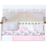 Kit Mini Berço Trança Nuvem Rosa Menina Mosqueteiro Naninha
