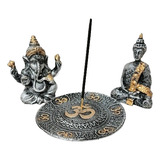 Kit Mini Buda Hindu Ganesha E Porta Incenso Om Vareta Prata
