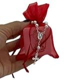 Kit Mini Terço Para Carro Com: 12 Caixinhas 4x4cm Gravura Anjo Prata 12 Tercinhos Com Fecho Prateado Pérolas 5mm 12 Organza Vermelho 7x10cm Para Lembrancinhas Mimos Casamento Batizado Natal