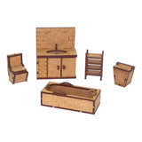 Kit Miniatura Banheiro 5 Peças Pia Vaso Banheira Cesto Mdf