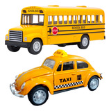 Kit Miniatura Onibus Escolar Taxi Americano Metal Interativo