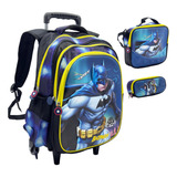 Kit Mochila 3d Rodinhas Estojo Lancheira Escolar Batman