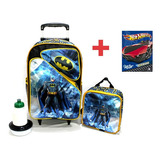 Kit Mochila Batman Morcego 3 Bolsos Rodinhas G Lancheira Cor Preto Desenho Do Tecido Batman