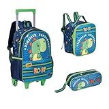 Kit Mochila De Rodinhas Dinossauro Lancheira Térmica Estojo Escolar Infantil Menino
