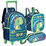 Kit Mochila De Rodinhas Dinossauro Lancheira Térmica Estojo Escolar Infantil Menino