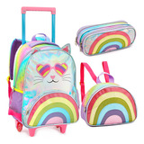 Kit Mochila De Rodinhas Infantil Escolar Arco Íris Glitter
