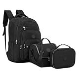 Kit Mochila Escolar Espaçosa Alça Costa Acolchoada Reforçada Estojo Box Porta Lápis Bolsa Térmica Lancheira Notebook Impermeavel Média Juvenil Faculdade Trabalho Preto 