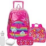 Kit Mochila Escolar Infantil Arco Íris Coração Rodinhas Juvenil Infantil Feminina Menina 3D Glitter Lancheira Térmica Estojo Duplo