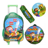 Kit Mochila Escolar Infantil Rodinha 3peças Game Craft Cubic