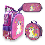Kit Mochila Escolar Infantil Rodinhas Unicornio Baby 3d